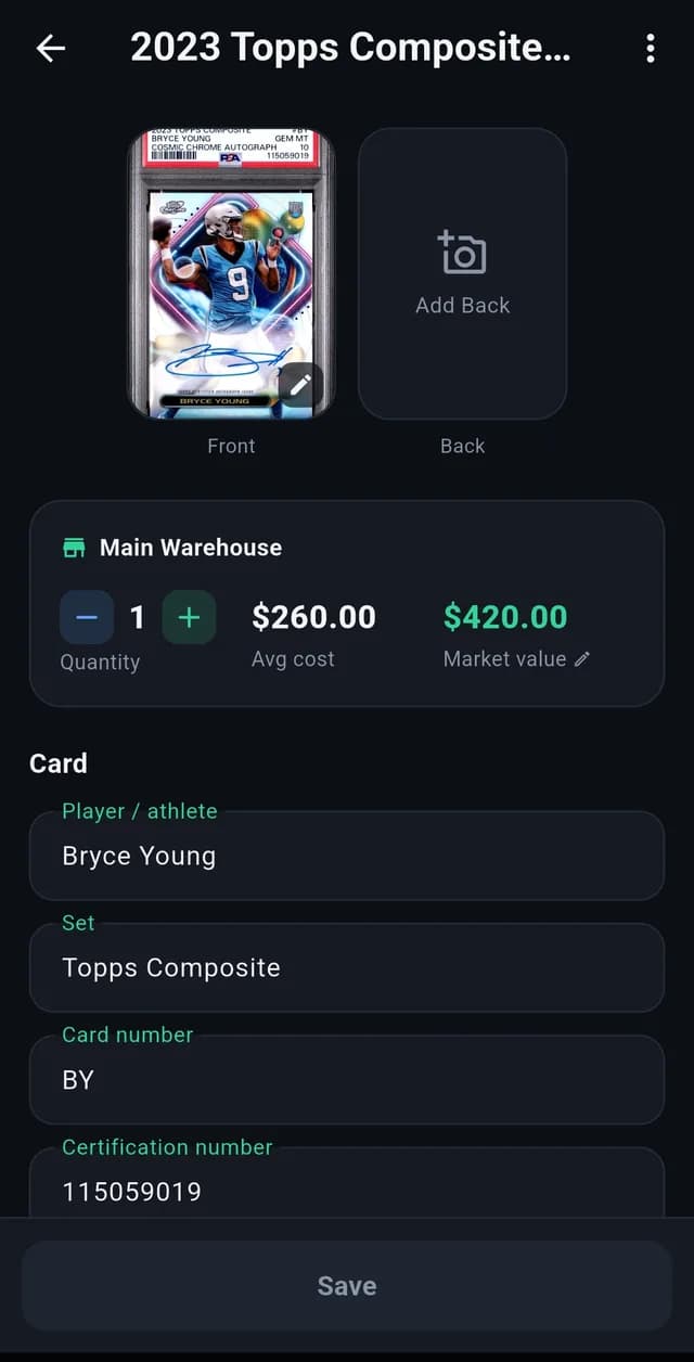 A graded card in AKURA with its cert number, cost and market value